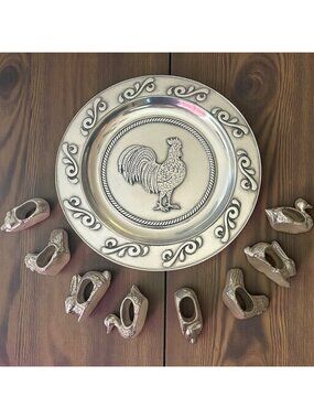 Pewter decorative rooster plate and farm animal napkin rings by Wilton Armetale